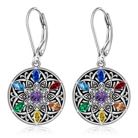 Chakra Earrings Mandala Lotus Flower Earrings Sterling Silver Yoga Lotus Dangle Earrings Leverback Energy Balance Meditation Gifts