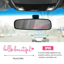 Zufoty 3PCS Hello Beautiful Rearview Mirror Decal, Car Mirror Stickers, Self Affirmations Decal, Cute Car Decoration Accessories Car Window Decals for Women Girls (Pink)