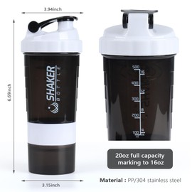 VIGIND Protein Shaker Bottle,Sports Water Bottle,Leak Proof Shake Bottle For Protein Mixer,Non Slip 3 Layer Twist Off 3oz Cups with Pill Tray,Workout Shaker Bottle 16oz,White