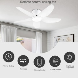 GJeg Ceiling Fans with Lights, 43 Inch Low Profile Ceiling Fan with Light and Remote/App Control, Flush Mount, Reversible DC Motor, 3CCT, Dimmable, Noiseless, White Ceiling Fan for Indoor/Outdoor Use