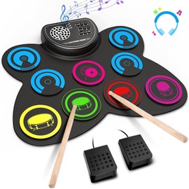 Upgraded Electric Drum Set, 9 Drum Practice Pad, Roll-up Electronic Drum Pad Machine With Headphone Jack Built-in Speaker Drum Sticks Foot Pedals, Great Holiday Xmas Birthday Gift for Kids