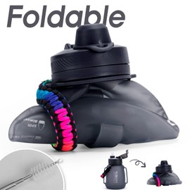 TakeToday Botellas de agua plegables de 40 onzas, botella de agua motivacional con popote y mango de paracaídas, jarra de agua deportiva de silicona con tiempos a prueba de fugas, botella de agua grande para yoga, camping al aire última intervensión