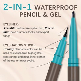 MAVENI Waterproof Liquid Eyeliner and Contour Stick 2-in-1|Under Eye Highlighter Stick & Stay All Day Makeup with Fine Brush|Smudge-Proof, Transfer-Proof(01Black & Black)