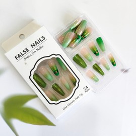 St. Patrick's Day Press on Nails Medium Coffin Green Gradient Fake Nails with Glitter Designs Green Hat False Nails Gel Glue on Nails Irish Holiday Nails Shine Stick on Nails for Women Girls 24Pcs