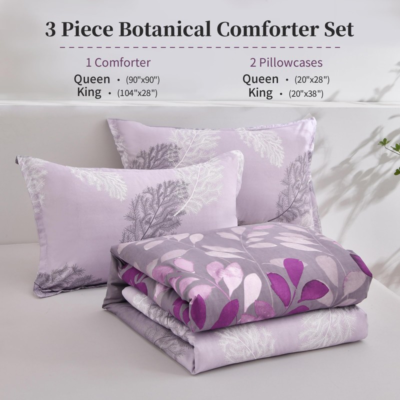 DJY Purple Comforter Set King, Botanical Leaves Comforter for King