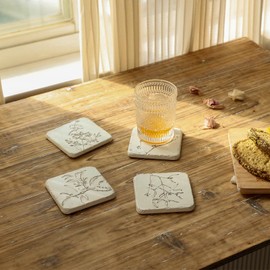 HOME PALETTE Botanical Coasters for Drinks Set of 4, 4.02 Inch Square Resin with Cork Base, Plant Floral Design, Absorbent Coasters for Bar Desk Coffee Table, White