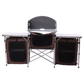 DOONARCES Folding Camping Table Portable Camping Kitchen Storage Cupboard Outdoor Picnic Cooking Cabinet with 2 Grill Side Table for Backyard BBQ Party Picnic 69 * 18 * 43in, Brown