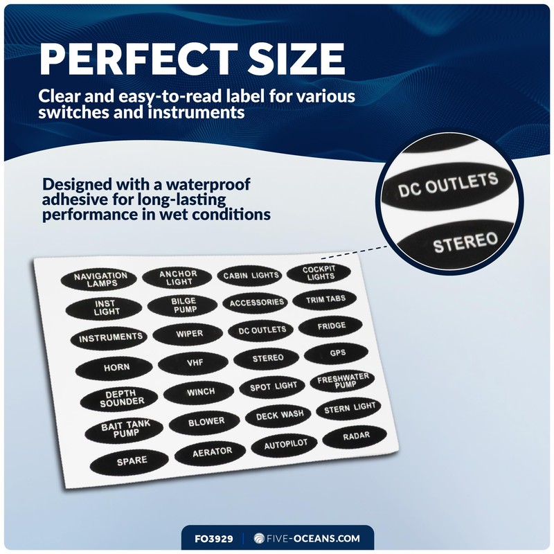 Five Oceans Boat Switch Panel Labels, 28 Pcs per Sheet,