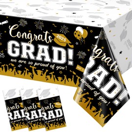 3 Pack Graduation Tablecloth Party Decorations, Class of 2025 Congrats Grad Plastic Tablecover Party Supplies, Black and Gold Rectangle Graduation Table Decor for College High School Party, 54x108Inch