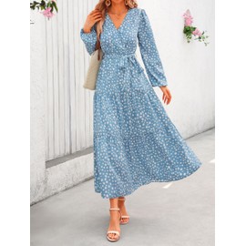 PRETTYGARDEN Womens Spring Long Sleeve Wrap V Neck Ruffle Floral Maxi Dress Casual Tie Waist Boho Chiffon Flowy Long Dresses(Dot Blue White,XX-Large)