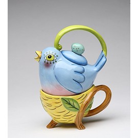 Cosmos Gifts 61910 Fine Ceramic Flights Of Fancy: Bluebird Bird in Nest Tea for One (Teapot with Tea Cup) Set by Babs, 7" H