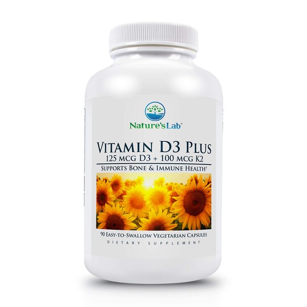 Nature's Lab Vitamin D3 Plus - Contains Vitamins D3 and K2 (MK7) for Immune Support, Healthy Bones and Cardiovascular Health* - Gluten Free, Non GMO - 90 Capsules (3 Month Supply)