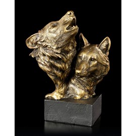 Figuren Shop GmbH Wolf Heads on Monolith - Song of The Wild | Wolf Bust, Decorative Items, Hand-Painted, Height 22.5 cm