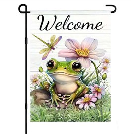 Spring Summer Frog Garden Flag 12x18 Inch Double Sided Outside Vertical,Welcome Dragonfly Flower Seasonal Home Decor For Yard Lawn Outdoor Decoration Flag