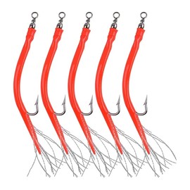EVERBAY Soft Fishing Lures Tube Lure Sand Eel Baits Sea Fishing with Stainless Steel Hook and Barrel Swivel Saltwater Rigs for Bass Cod Pollock Haddock Fishing Gear Fishing Gift, 6/0 Red, 5pcs/Set