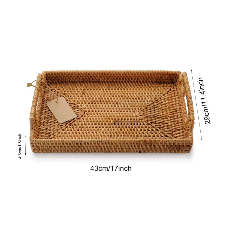 Hand-Woven Rattan Rectangular Serving Tray with Handles for Breakfast, Drinks,