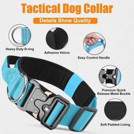 Tactical Dog Collar with Handle, Heavy Duty Padded Dog Collar with Metal Buckle, Wide Adjustable Tactical Collars for Medium Large Dogs Training (Blue, L)