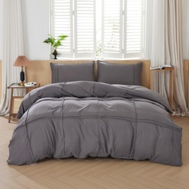 AiMay Duvet Cover Set King Size Pintuck Pleated Bedding Set 3 Pieces Textured Ultra Soft Comfy and Breathable All Season Easy Care Solid Color with Zipper Closure & Corner Ties (Gray, King)