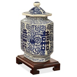 China Furniture Online Porcelain Tea Jar, Blue and White Double Happiness Motif