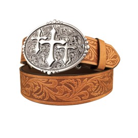 TOPACC Womens Western Belt Brown Leather Cowboy Cowgirl Belt Religious Cross Buckle Country Belt for Jeans Pants Outfit