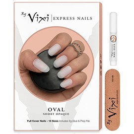 By Vixi 600 Pieces SHORT OVAL NAIL SET with FREE GLUE & PREP FILE, 10 Sizes – Opaque Express Full Cover False Fingernail Extensions for Salon Professionals & Home Use