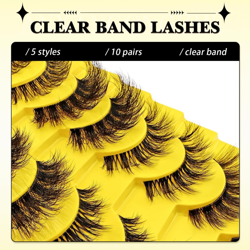 10 Pairs 5 Styles Mixed Clear Band Artificial Eyelashes Cat
