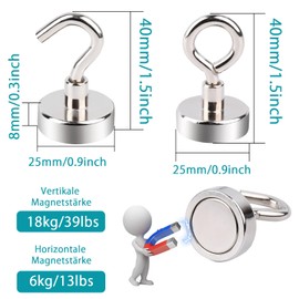 MIN CI 10 + 10 Pieces Magnetic Hooks Extra Strong, 25 mm Magnets Strong 22 kg Magnetic Hooks, Neodymium Magnet with Hooks, Eyelet Magnet of 2 Types, Round Strong Magnets for Camping, Garage, Rustproof