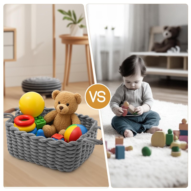 Braided Storage Basket, Washable and Foldable, Basket with Leather Handles,