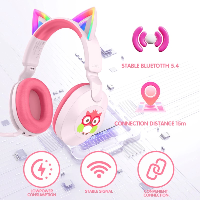 LOBKIN Kids Headphones Microphone Toddler Cat Ear LED Light Rotatable