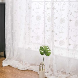 Miulee Sheer Voile Floral Embroidery Curtains with Eyelets Transparent