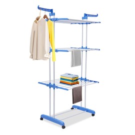 QUSKLISU Clothes Drying Rack, Multifunctional Stainless Steel Folding Clothes Drying Rack, 4-Tier Metal Laundry Garment Dryer Stand for Bedroom, Lofts, Balconies, Patios (Blue)