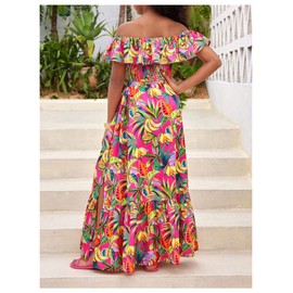 BEAUDRM Girl's 2 Piece Outfits Tropical Print Off Shoulder Ruffle Trim Short Sleeve Top and Flared Hem A Line Skirt Set Multicolor 11Y