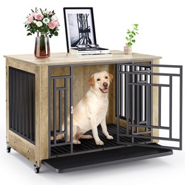 YITAHOME 38" Dog Crate Furniture with Wheels, Heavy Duty Wood Dog Cage Table with Removable Tray, Chew-Resistant Wooden Dog Kennel Indoor for Large and Medium Dogs Greige