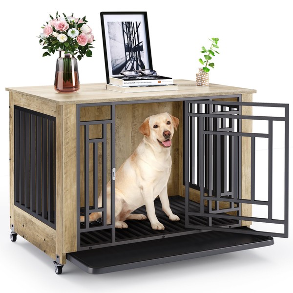 YITAHOME 38" Dog Crate Furniture with Wheels, Heavy Duty Wood