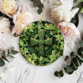 Saint Patrick's Day Ornament | Elegant Irish Celtic Cross Green and Gold, Religious & Spiritual Home Decor, Shamrock (Gold Leaf)