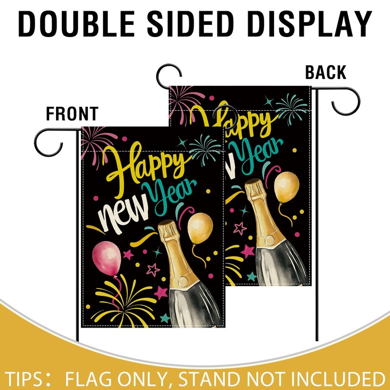 Happy New Year 2026 Small Decorative Garden Flag, Colorful Champagne