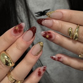 Short Almond False Nails - 24Pcs Red French Tip Fake Nails - Stick on Nail with 3D Gold Chrome Edge Flower Design - Medium Press on Nails with Glue - Full Cover Acrylic False Nail for Women Nail Art