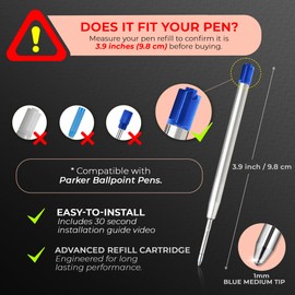 MESMOS 6 Pack 3.9 inch (9.8cm) Pen Refills Ballpoint Blue Ink, Compatible with Ballpoint Parker Pen, Replacement Ink Pen Refills, 1.0mm Smooth Writing Medium Tip, Ink Cartridge Pen (Blue Ink)