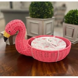 Flamingo Wicker Serving Basket 16 x 9 x 9 inch with 4 Mellamine Plastic 8 inch Salad Bread Plates Great for Summer Outdoor Serving and Picnics