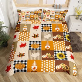 Manfei Retro Plaid Splicing Decorations,Thanksgiving Theme Sunflower Pumpkin Duvet Cover for Boys Girls Teens Adults,Rustic Farmhouse Bedroom Decor Soft Comforter Cover with 2 Pillowcases