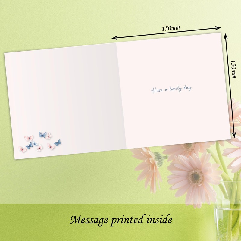 Birthday Card. Butterfly Design. Supplied with Pink Envelope. 150x150mm when