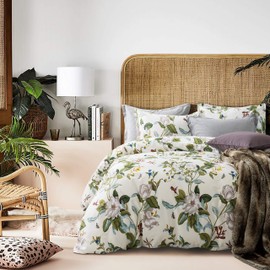 Eikei Cottage Country Style 3 Piece Duvet Cover Set Multicolored Roses Peonies Bouquet 100-percent Cotton Shabby Chic Reversible Floral Bedding (Twin, Cream)