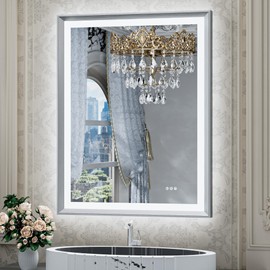 TETOTE Bathroom LED Mirror with Lights Brushed Nickel Mirror 28x36 Frontlit & Backlit Silver Framed Baroque Anti Fog Stepless Dimmable White/Warm/Natural,Wall Mounted(Horizontal/Vertical)