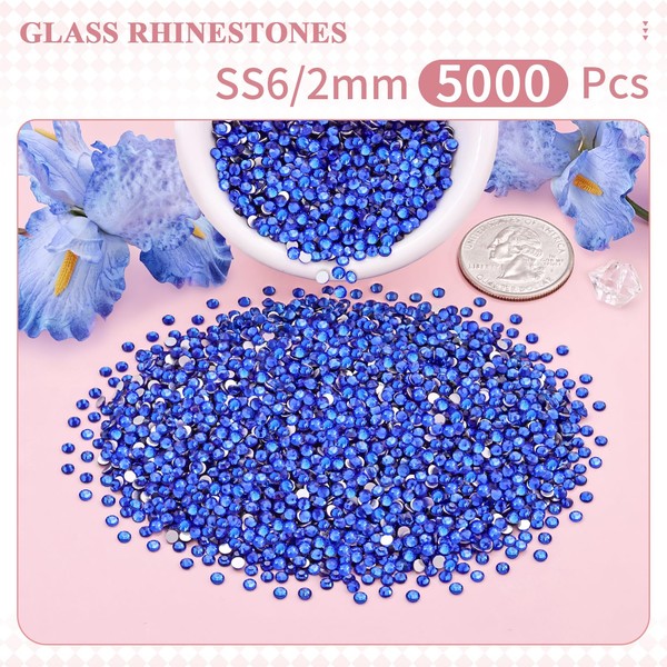 BELLEBOOST 5000PCS SS6/2mm Crystal Rhinestones (Blue/Sapphire), Bedazzling Flatback Glass Rhinestones