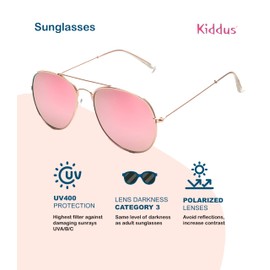 Kiddus Sunglasses for Girls, Boys, Kids. Age 10+. UV400 100% Protection Against Ultraviolet Rays. CAT3. Polarised. Aviator Style, Rose Gold Aviator - Pink Lens