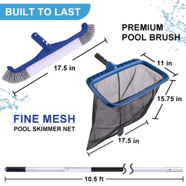 POOLAZA Pool Cleaning Kit, Including Pool Brush & Ultra Fine Mesh Pool Skimmer Net with Pole, Pool Net Skimmer & 17.5'' Pool Brush Head with 10.5ft Aluminum Pool Pole, Pool Net and Brush with Pole