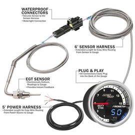 MaxTow Match 1500 F Pyrometer Exhaust Gas Temp Gauge Kit for Dodge Ram 6.7L Cummins 4th Gen Diesel Truck - Includes EGT Probe - Double Vision Display with Analog & Digital Readouts - 2-1/16" 52mm