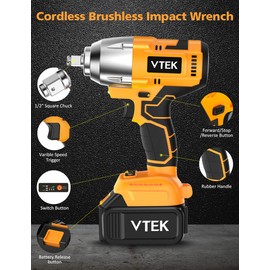 VTEK Brushless Impact Wrench 1/2 Inch Cordless Impact Wrench,Max Torque 700N.m Impact Gun 515 ft-lbs for Car Tiers