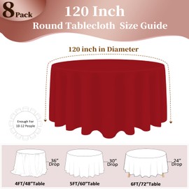 8 Pack Red Round Tablecloth 120 Inch Round Table Cloth, Wrinkle Resistant and Washable Tablecloth Polyester Fabric Table Cloth Round Table Cover for Dining Wedding Banquet Party