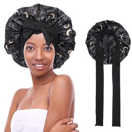 AWAYTR Satin Bonnet Silk Like Bonnets for Sleeping Sleep Cap Double Layer Haircare Bonnet with Elastic Tie Band for Curly Hair Night Cap Pink:_Starry Moon+Black